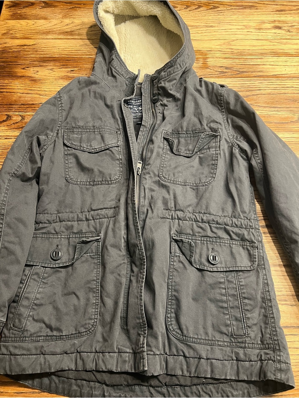 American Eagle Outfitters Gray Hooded Sherpa Field Jacket